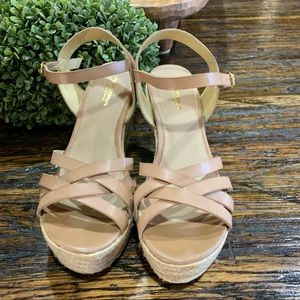 Tan Espadrilles Wedge Ankle Buckle Detailing Leather 7.5